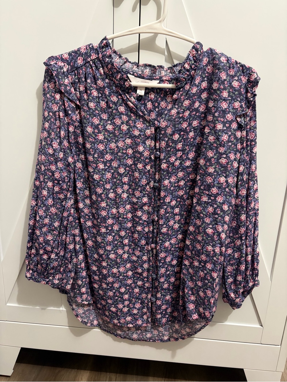 LC Lauren Conrad Navy Floral Button-Front Ruffle Blouse